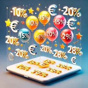 Euro-Symbole und Ballons mit Rabattzahlen (-10 %, -15 %, -20 %, -28 %) symbolisieren mögliche Ersparnisse bei Versicherungsbeiträgen. Modernes, digitales Design für transparente Versicherungsvergleiche und Optimierungen mit Risk-BOT.