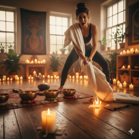 Yogastudio in Flammen – Kerzen Drama bei Klangschalenflow