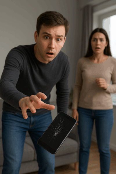 Smartphone fällt aus der Hand einer Person, zweite Person beobachtet den Unfall – Symbol für versehentliche Schäden an geliehenen Gegenständen.