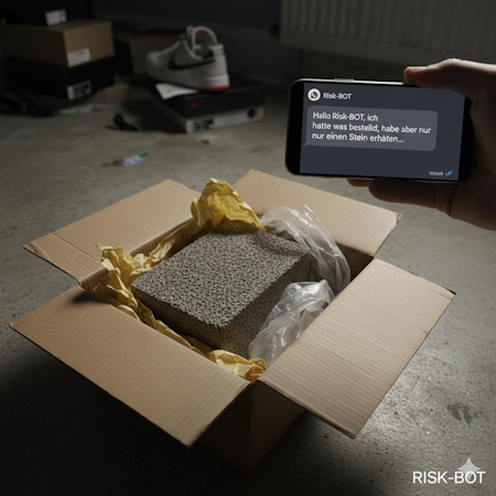 Geöffnetes Paket mit Backstein statt Sneakern