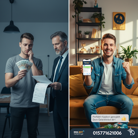 Glücklicher junger Mann mit Handy zeigt WhatsApp-Chat von Risk-BOT zur Mietkautionsbürgschaft, während ein anderer traurig Geld abgibt.