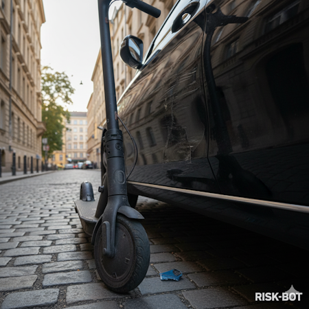 Smartphone Foto von E Scooter neben Autoreifen mit Kratzer