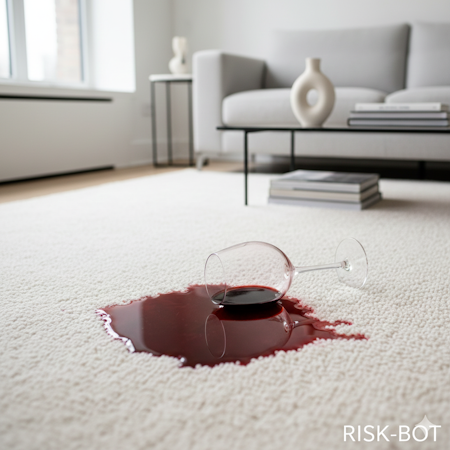 Umgekipptes Weinglas mit Rotweinfleck auf hellem Sofa.